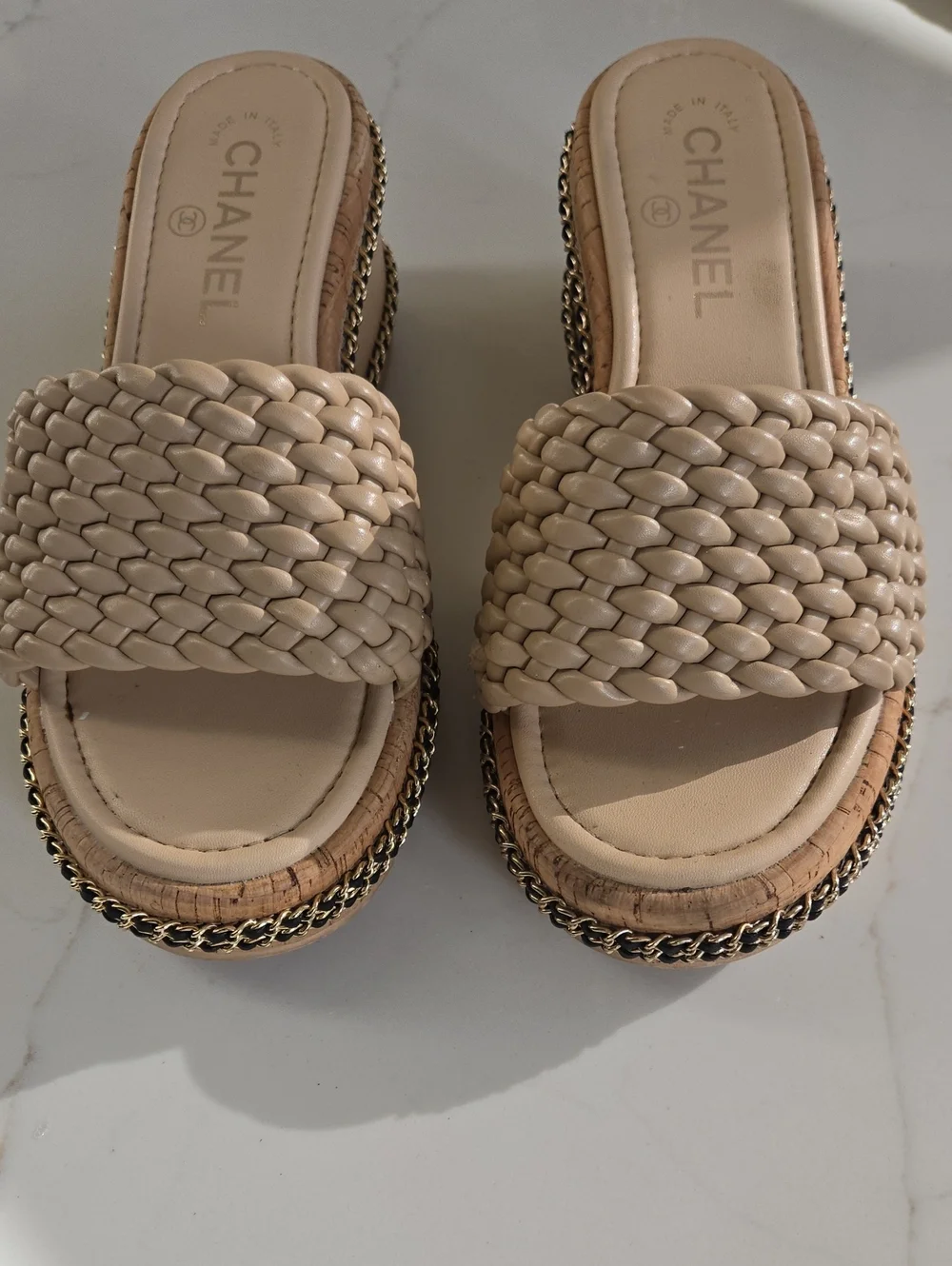 Chanel Women's Beige Braided Slide Sandals